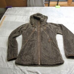 Kuhl Flight Jacket Women Small Green Sherpa Fleece Hood FullZip Pocket Warm Soft
